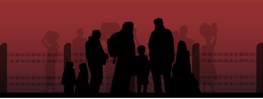 Sillhouettes of people standing in front of a barbed wire fence