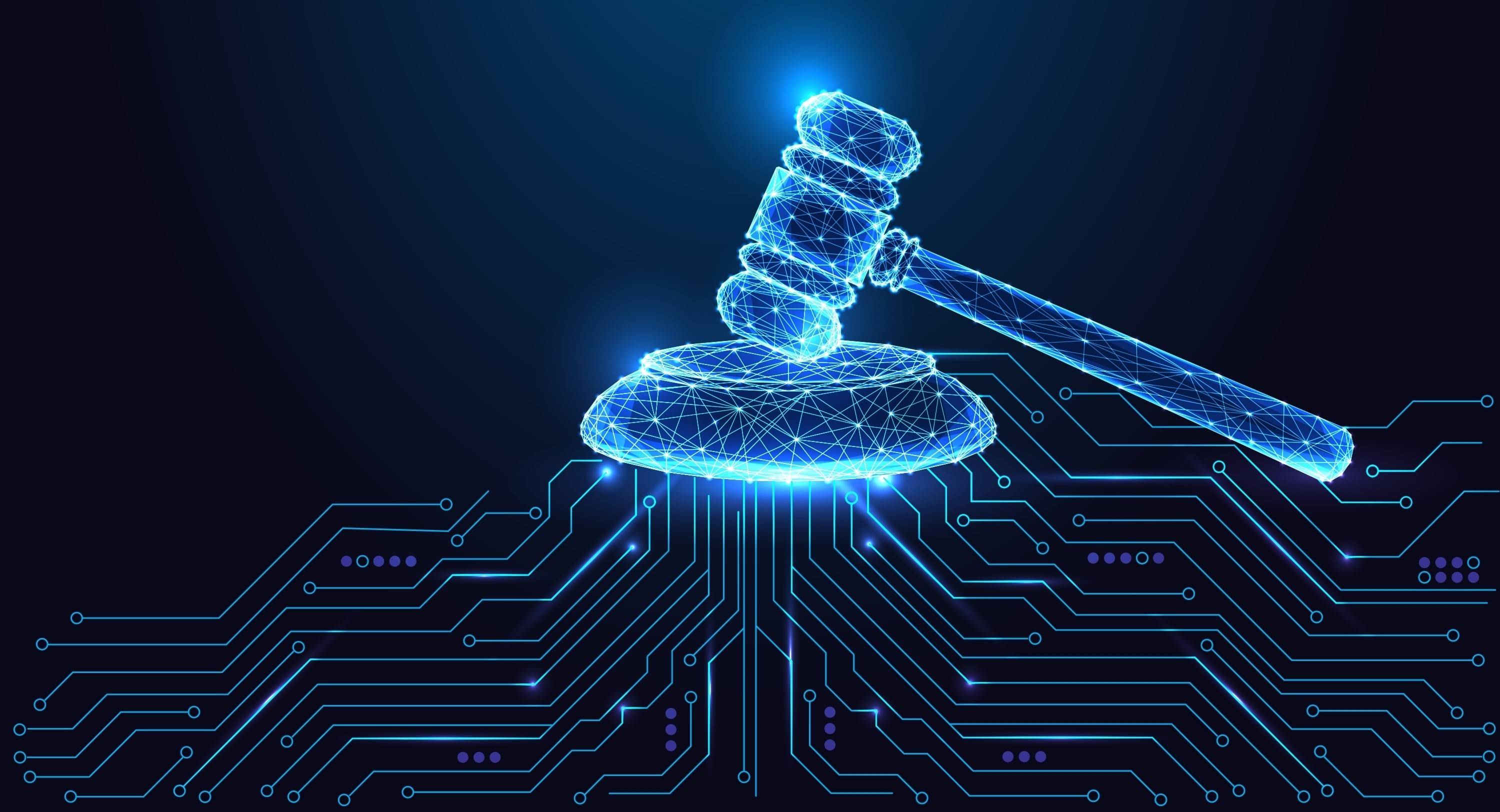 Decorative graphic featuring a digitized gavel with circuitry coming out of it.