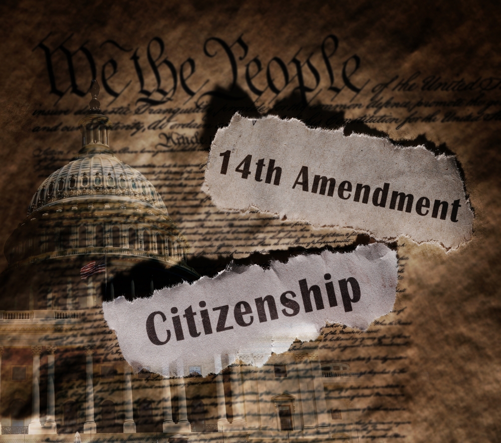 Decorative graphic showing the constitution and the words 14th Amendment.
